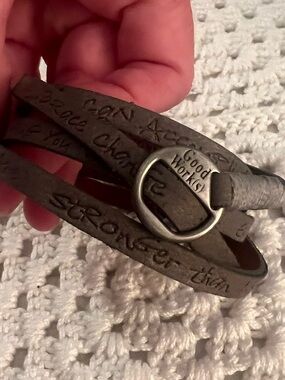 Good Works reversible wrap leather bracelet with inspirational text
